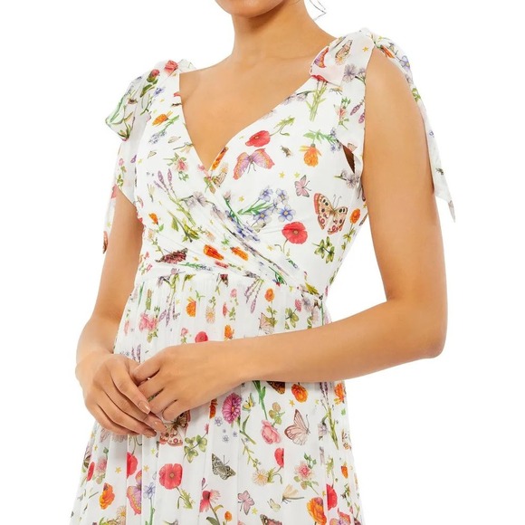 Mac Duggal Dresses & Skirts - Mac Duggal Floral Butterfly Print Tiered Maxi Dress White V-Neck Tie Shoulder 4